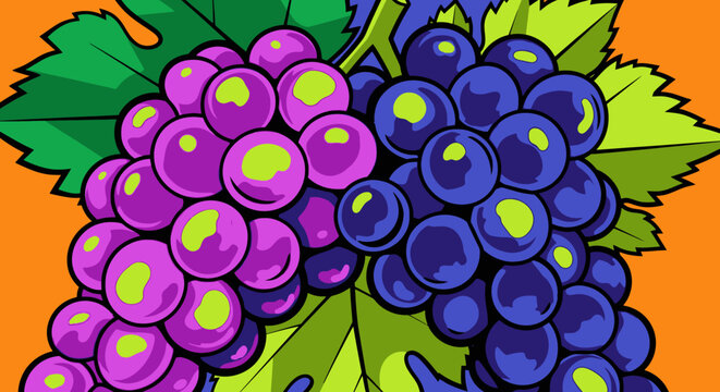 Close up illustration of two bunches of grapes with green leaves against a vibrant orange background