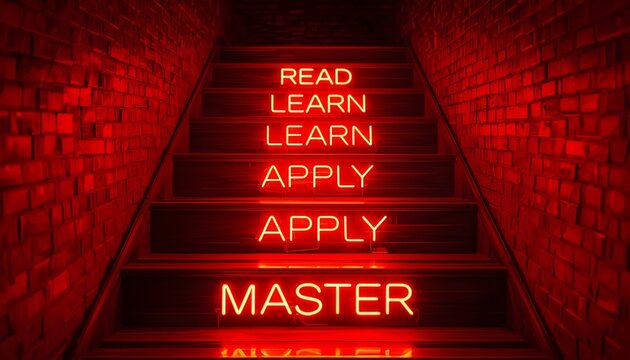 A staircase with motivational neon signs on each step leading up to mastery