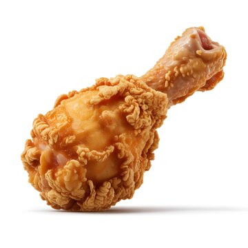 Crispy golden fried chicken drumstick with a textured coating, isolated against a white background, chicken leg