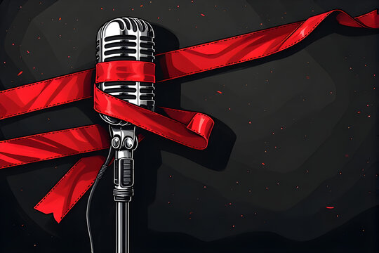 World press freedom day ,Dark themed microphone wrapped in red tape symbolizing hidden censorship, restricted journalism, and suppressed voices in media