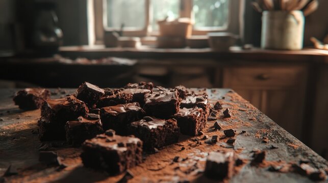 Chocolate brownies scattered on a rustic countertop, dusted with cocoa powder, in a dimly lit kitchen with a window.