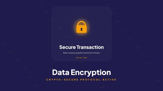Secure transaction data encryption animation with gold padlock icon for crypto secure banking protocol