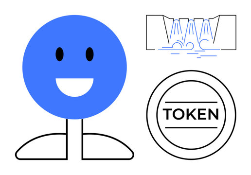 Blockchain, tokenization, identity, authentication, digital economy, creativity. Blue face icon with a smile, security token text and simplified water flow design. Blockchain and tokenization