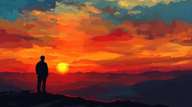 Silhouette of a person standing on a mountaintop at sunset, vibrant colors.