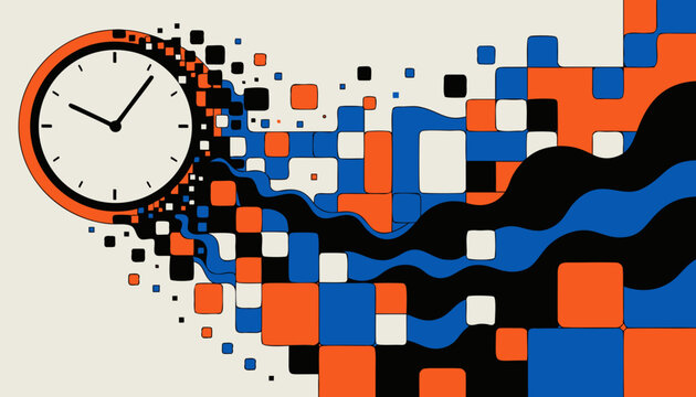 Colorful pixelated clock face with orange blue and black squares