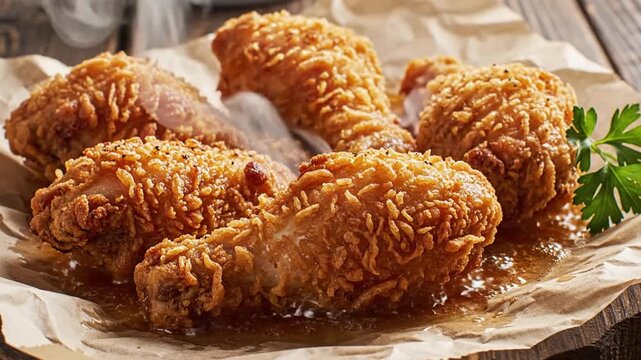Delicious Fried Chicken Drumsticks on Rustic Wooden Table.