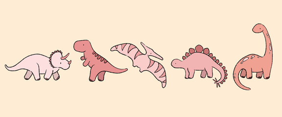 dino pink vector for girls. cute jurassic world line hand drawn isolated children clipart editable natural ink freehand organic illustrations. Stegosaurus, Tyrannosaurus Rex, Triceratops, Pterodactyl, © curly