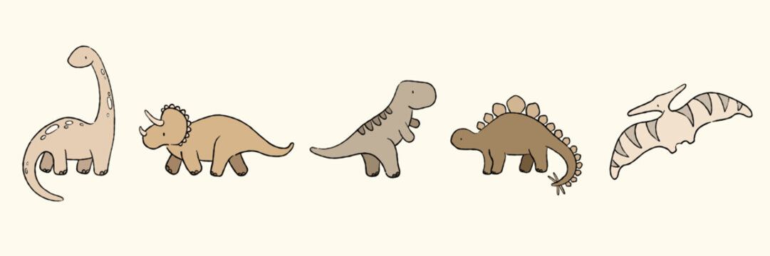 Cute Dinosaur Vector Set, Hand Drawn Sketchy Line Art Clipart, Isolated Editable Kids Illustration. Stegosaurus, Tyrannosaurus Rex, Triceratops, Pterodactyl, Brachiosaurus. Nursery decor, posters
