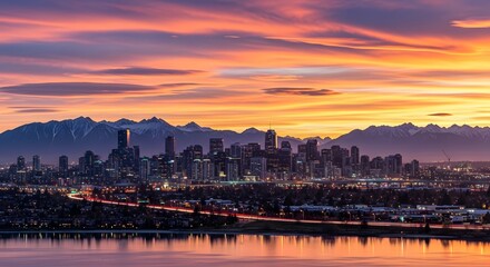 Fototapeta premium City skyline view over water at sunset showing modern urban development and corporate lifestyle opportunities