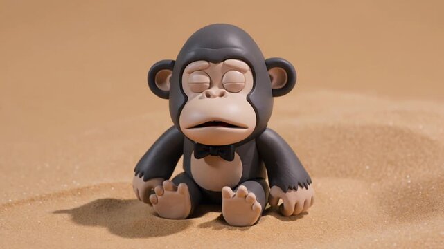 Sad Clay Monkey Sitting on Sand, Expressing Emotions