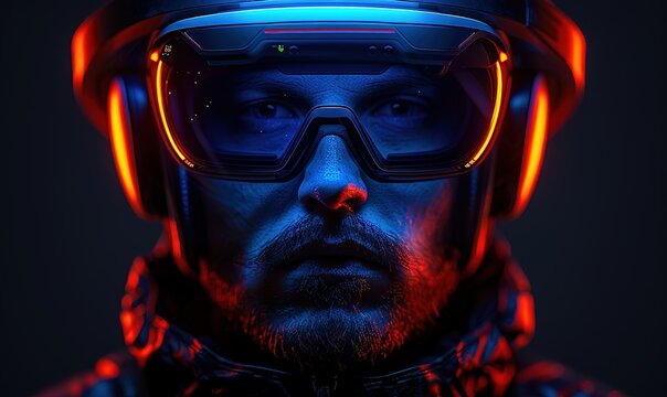A close-up portrait of a futuristic man wearing high-tech goggles and a helmet