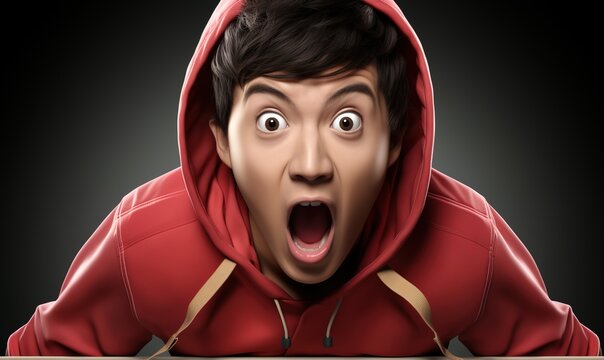 A young man wearing a red hoodie with a shocked expression on his face