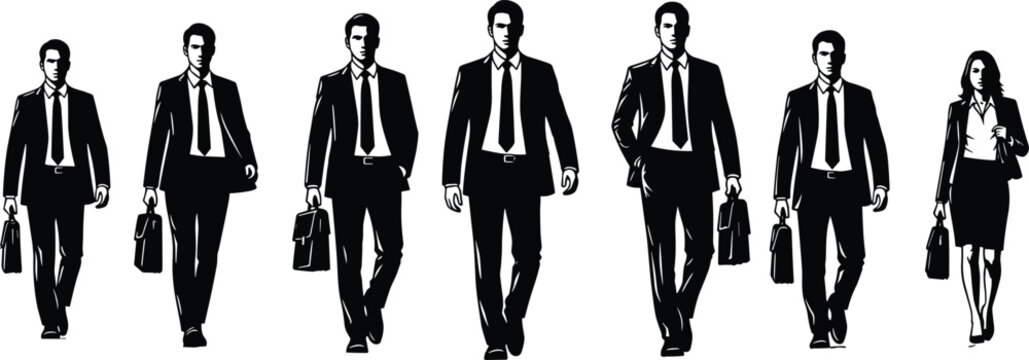 Business professionals silhouettes walking forward, corporate team with briefcases, leadership and success concept isolated on white background, modern office workforce