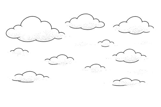 Hand-drawn Minimalist Cloud Sketches with Subtle Dotted Textures, Collection of Fluffy Cloud Shapes in Clean Line Art Style for Serene Atmospheric Backgrounds, Weather Icons, and Vector Designs