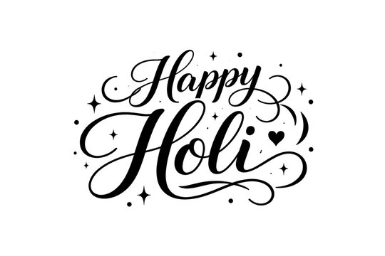 Happy Holi Elegant Hand Lettering Typography Design in Black Script Isolated on White Background. Minimalist Calligraphy Vector Illustration for Indian Festival of Colors Celebration Greeting Card.