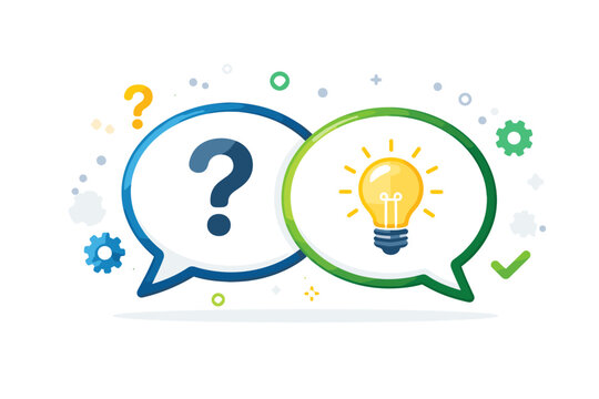 Questions and Answers Vector Icon with Speech Bubbles, Question Mark and Light Bulb for FAQ, Help Desk, Support, Problem Solving, Creative Idea Generation, and Customer Service Communication.