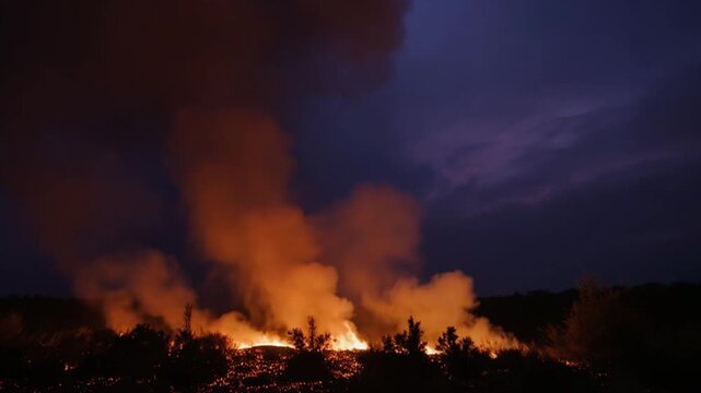 火の粉の嵐を見上げる地上視点・山火事スローモーション臨場感ある夕暮れ映像素材