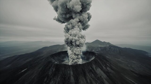 火山の噴煙 空撮俯瞰 荒涼とした大地と灰色の煙柱 スローズーム