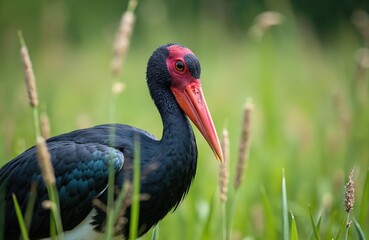 Fototapeta premium Black stork bird with red face and beak stands in green grass. Large creature with dark feathers and white belly hides among plants. This rare species is a migrant.