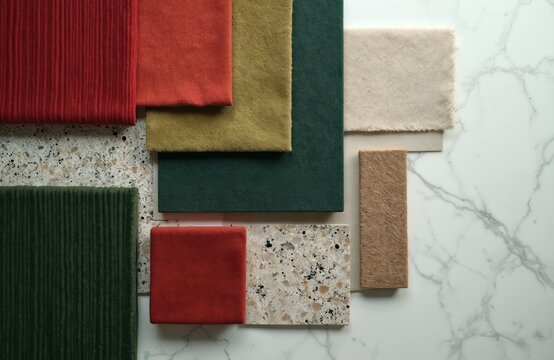 Flat lay of interior design samples. Different fabric swatches, terrazzo tiles arranged creatively. Rich colors like red, green, gold, neutral tones create sophisticated palette for modern home decor.
