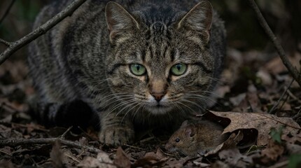 Fototapeta premium Domestic cat staring intently at a small mouse, predator and prey moment, natural animal behavior, focused feline close up, dramatic tension, detailed fur texture, moody lighting, no logos