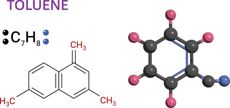 Toluene chemical structure diagram with molecular model and formula C7H8, aromatic hydrocarbon compound educational chemistry vector illustration