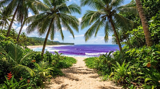 Sandy path leads directly to the ocean, framed by large arching coconut palm trees and dense tropical foliage under a clear sunny sky.