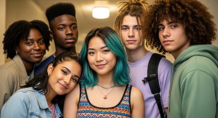 Obraz premium Diverse group of happy students standing together in a school hallway to show connection and modern education lifestyle during their daily academic university experience