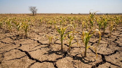 Dry cracked earth with young corn plants, drought and climate impact on agriculture concept, struggling crops in harsh field, bright daylight, realistic detail, no logos