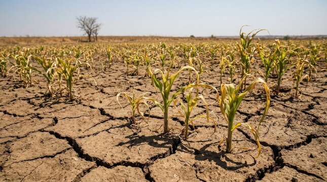 Dry cracked earth with young corn plants, drought and climate impact on agriculture concept, struggling crops in harsh field, bright daylight, realistic detail, no logos