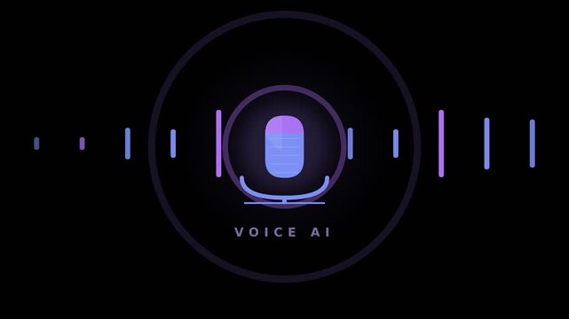 Animated microphone icon with glowing sound waves representing voice recording speech recognition or audio input control on a dark background