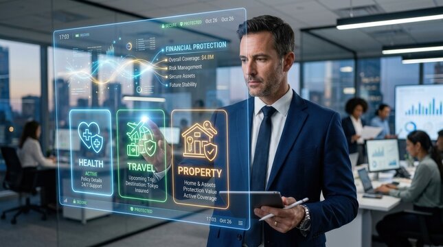 A businessman touching a digital insurance interface with health, travel, and property icons, glowing financial protection visuals, modern insurtech atmosphere, ultra-realistic, no logos.
