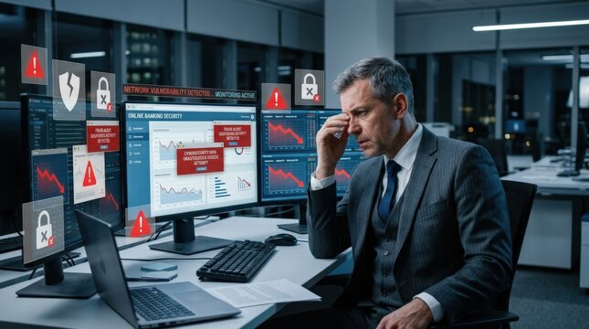 A businessman surrounded by financial warning icons, fraud alerts, and cybersecurity risk symbols, online banking security interface, serious monitoring atmosphere, ultra-realistic, no logos.