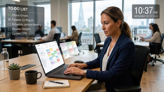 A business professional working on a laptop with clock and to-do list overlays, scheduling and workflow interface, organized productivity atmosphere, ultra-realistic, no logos.