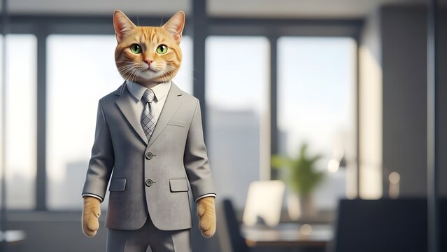 Ginger cat standing in a modern office wears a formal grey business suit with a white dress shirt.