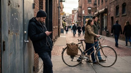 Obraz premium Man using smartphone with earbuds near utility door while couple push bicycle with brown bag behind, urban lifestyle and mobile communication concept, realistic detail, no logos