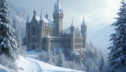 Obraz premium Majestic stone castle sits atop snowy mountain. Winter landscape surrounds historic building. Evergreen trees covered in snow. Blue sky above peaks.