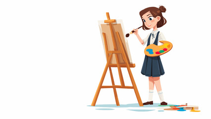 Fototapeta premium Young girl artist painting on an easel with a palette, brushes, and paints in a bright studio setting
