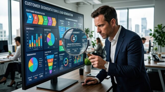A businessman holding a magnifying glass over a target audience icon, customer segmentation and lead generation interface, focused marketing strategy atmosphere, ultra-realistic, no logos.