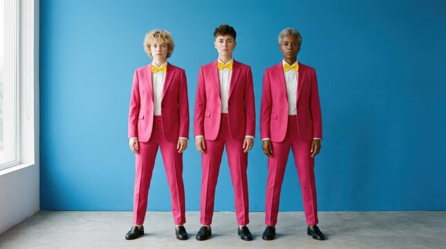 Three androgynous models in matching pink suits and yellow bow ties against a blue background, contemporary fashion portrait exploring identity and symmetry, no logos