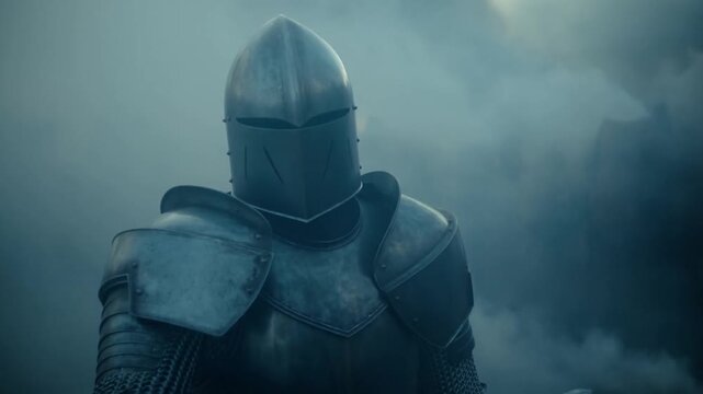 Tracking dolly push shot of armored knight offering sword while advancing through foggy battlefield at dawn