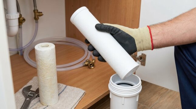 Replacing water filter cartridge for home filtration system, clean drinking water, household maintenance, plumbing service concept, close-up hands, bright interior light, realistic detail, no logos