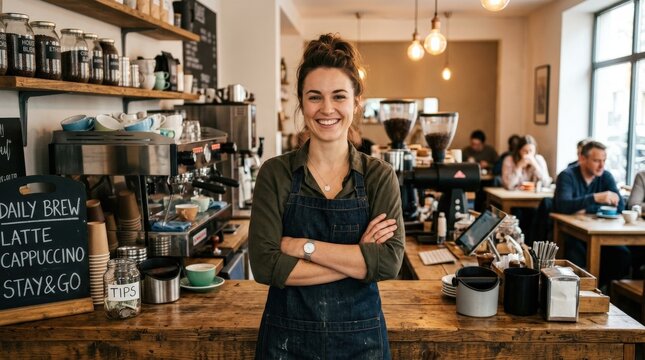 A cheerful female barista standing behind a caf&eacute; counter with arms crossed confidently, espresso machine visible behind her, warm caf&eacute; lighting, approachable and proud hospitality atmosphere,