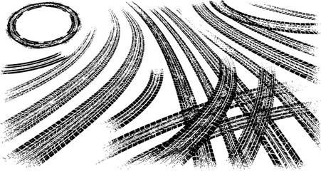 Obraz premium Tire tread marks after skidding, launch, drift, powerslide in motorsport, rally, off-road, motocross. Wheel texture with splash effect. Vector, transparent background EPS version.