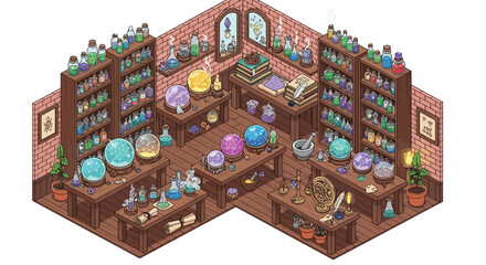 Obraz premium A meticulously detailed isometric view reveals an ancient alchemist's workshop filled with glowing crystal balls and numerous colorful potion bottles on shelves.