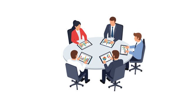 Professional business colleagues sit around a sleek circular table while using digital tablets to analyze colorful data charts and financial performance graphs.