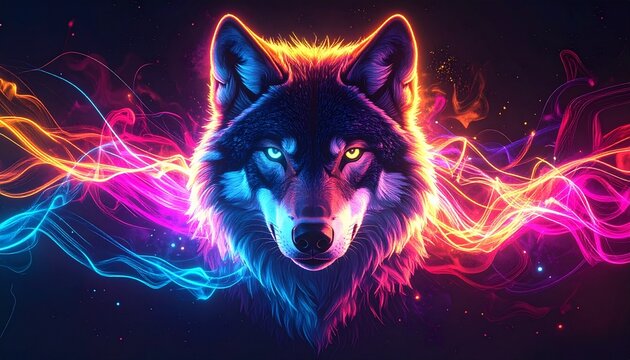 Neon wolf head with colorful light trails.