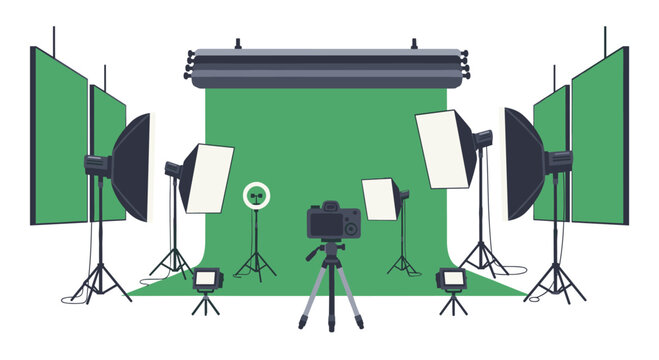 A comprehensive professional media studio setup includes a wide green screen backdrop surrounded by various softboxes, ring lights, and a central DSLR camera.