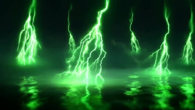 Slow motion tracking shot of multiple green lightning bolts striking dark ocean surface with glowing reflections and mist at night
