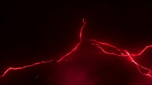 Slow motion pan of red lightning arcs streaking and branching across dark smoky background with glowing crimson plasma bolts and crackling energy